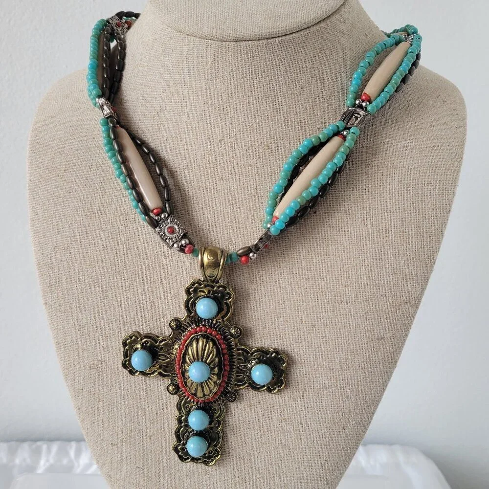 Southwestern-Style Turquoise &Coral color Beaded Cross Necklace